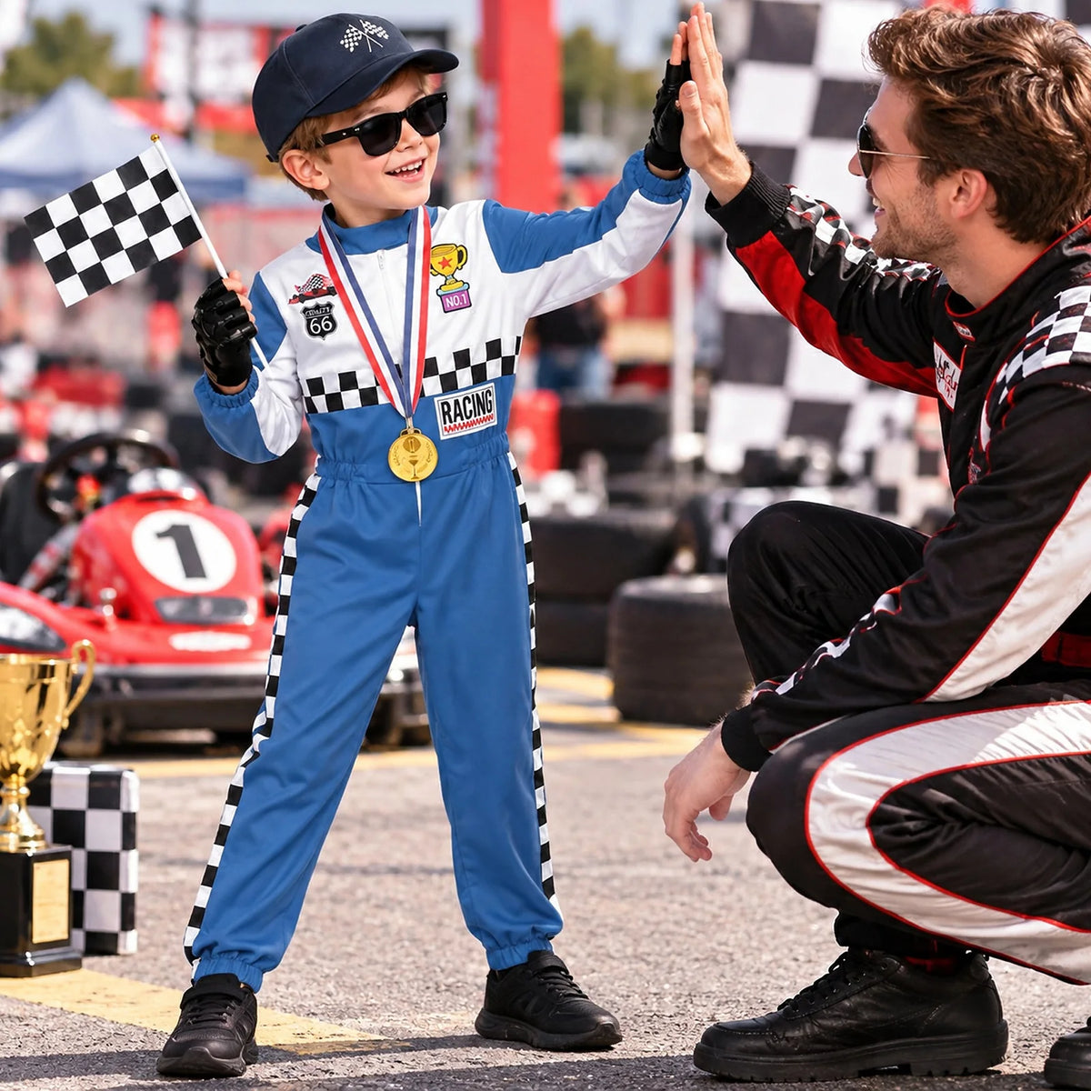 A child in the blue racing costume exchanges a high-five with an adult beside a go-kart.