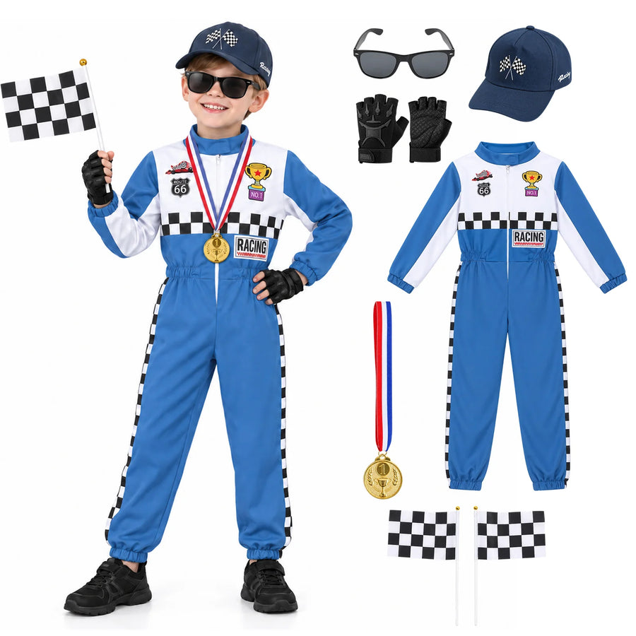 A child wears the blue racing costume beside its jumpsuit, cap, glasses, gloves, medal and flags.