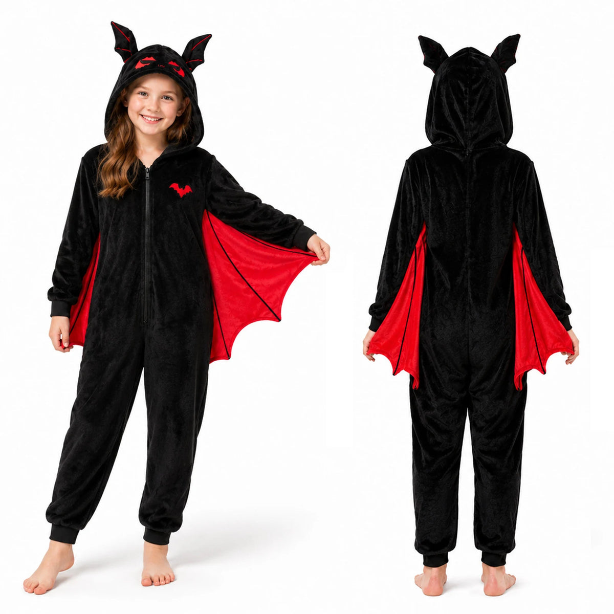 Kids red bat wing onesie costume with hood wings and pointed tail