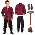 A boy wears the red lace-up shirt and black pants beside decorative wrist guards, a belt and a waist bag.