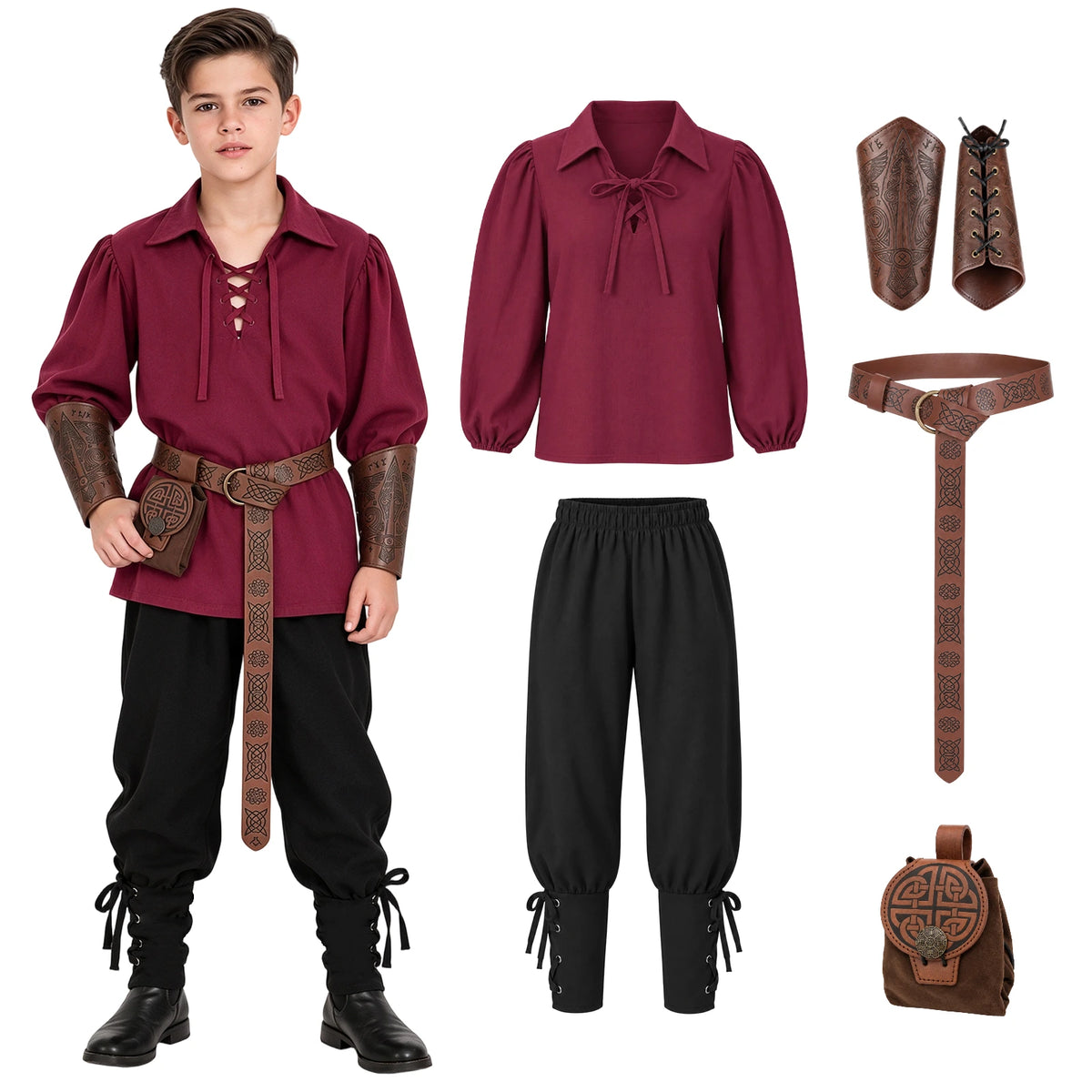A boy wears the red lace-up shirt and black pants beside decorative wrist guards, a belt and a waist bag.