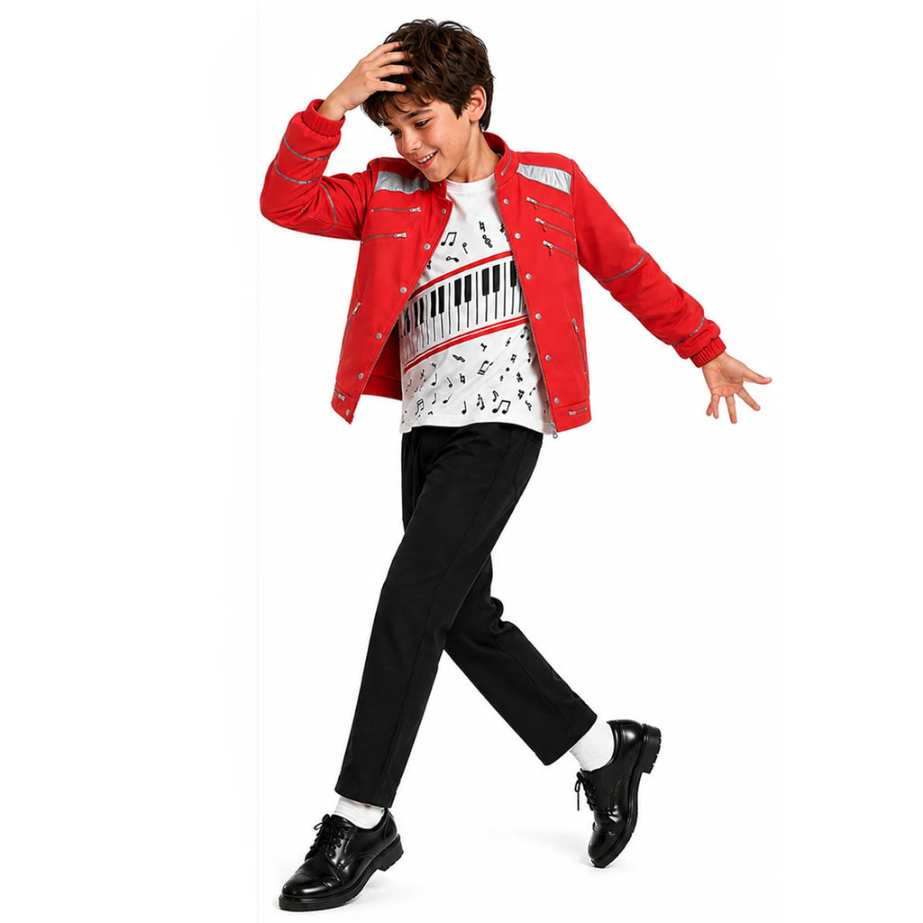 Front and back views of the kids red pop star costume with jacket, music-print shirt and pants