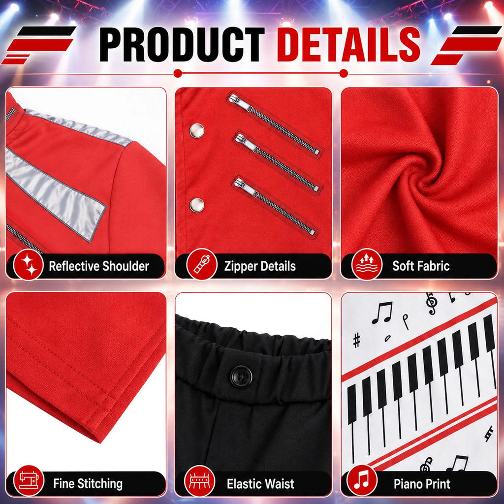 Three-piece kids pop star costume showing the red jacket, music-print T-shirt and black pants