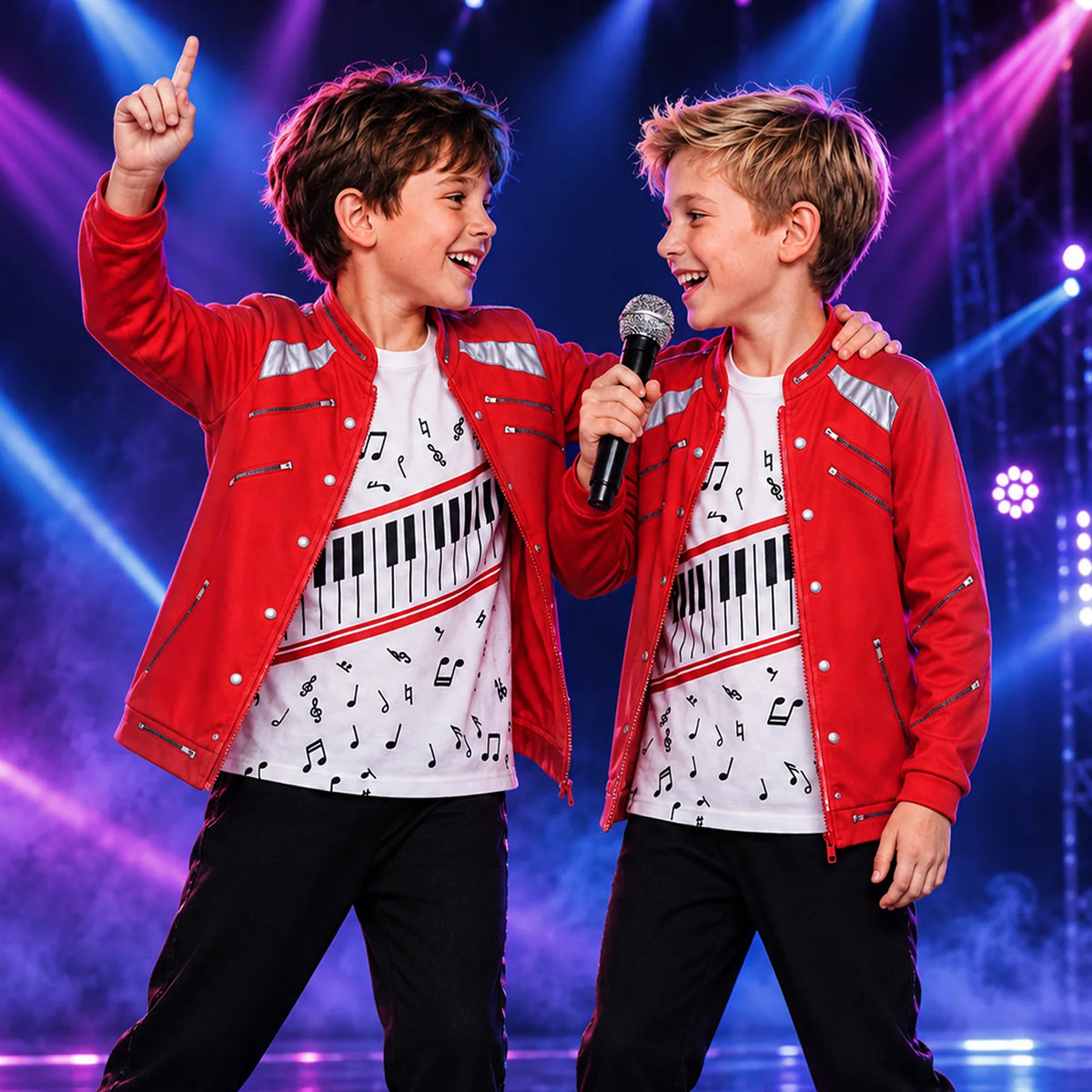 Close-up details of the red pop star jacket with silver-tone accents and decorative zippers