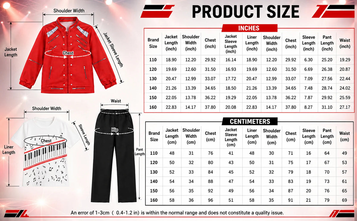 Kids red pop star costume size chart with measurements for sizes 110 through 160.