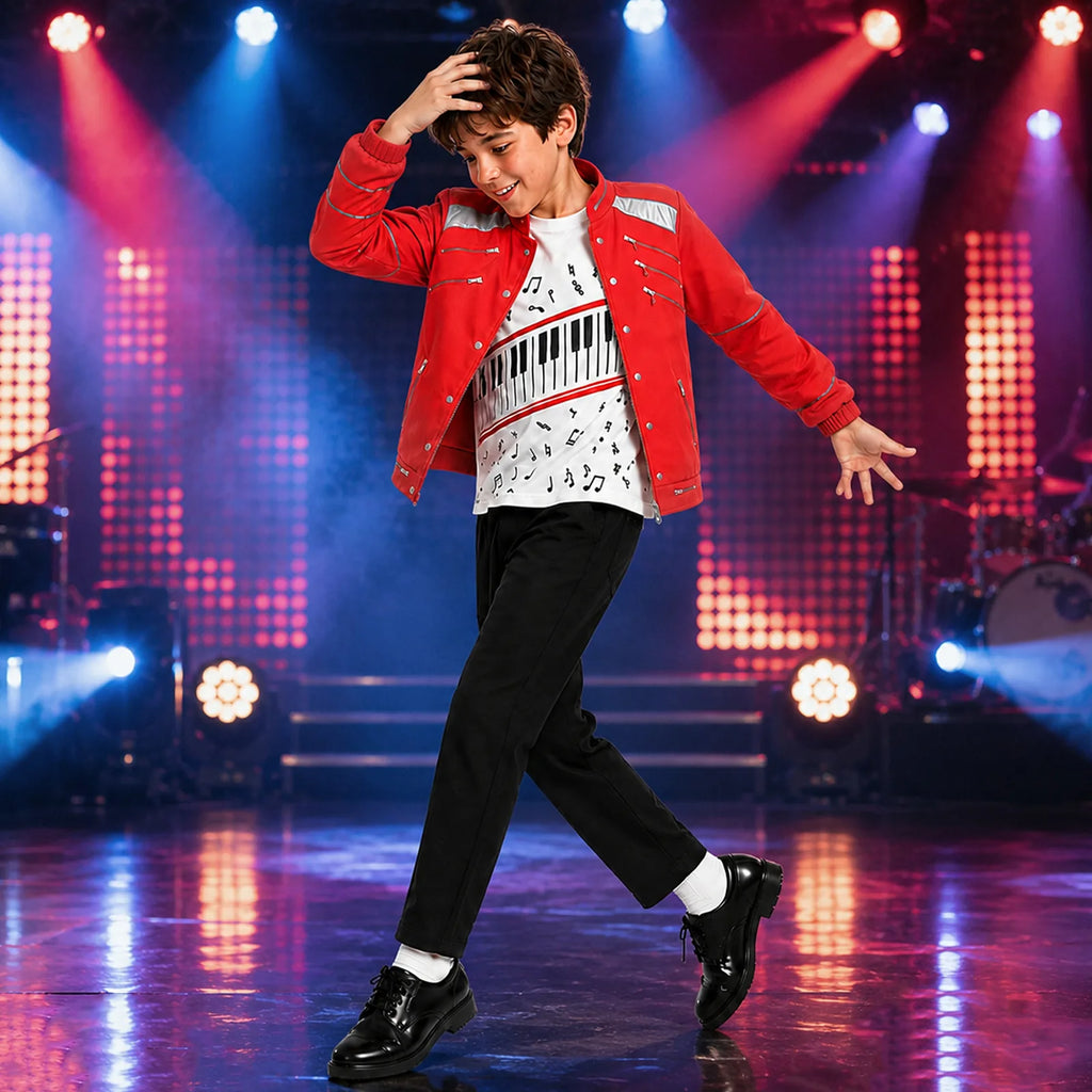 Child wearing the red pop star costume in a music performance scene