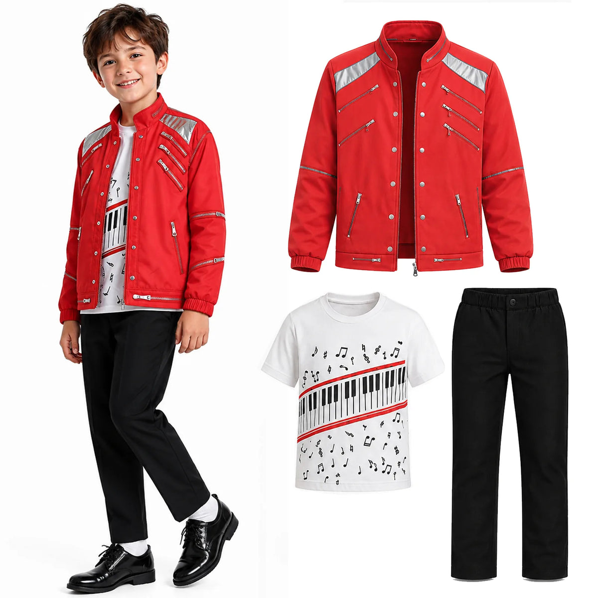 Child wearing the red pop star costume beside the jacket, music-print T-shirt and black pants