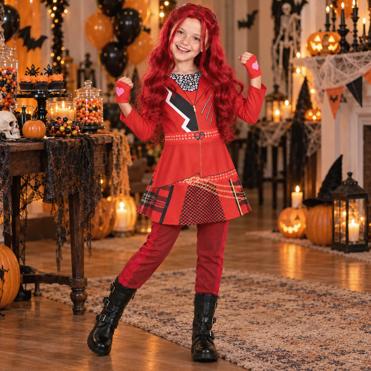 Kids red princess costume styled in a storybook event scene
