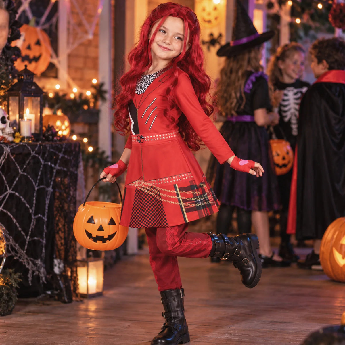 Kids red princess costume styled for a themed party scene