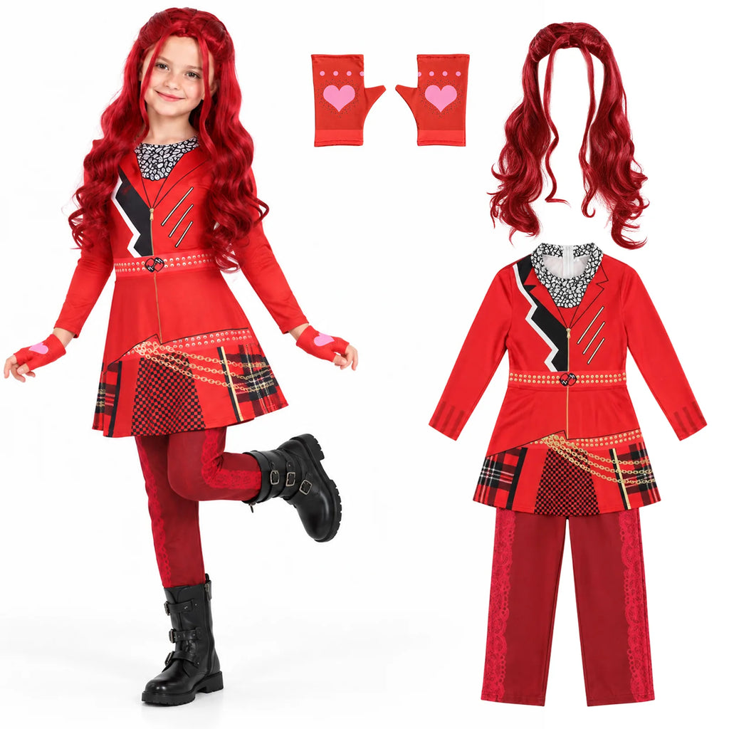 Kids red princess costume shown from the front with coordinated accessories