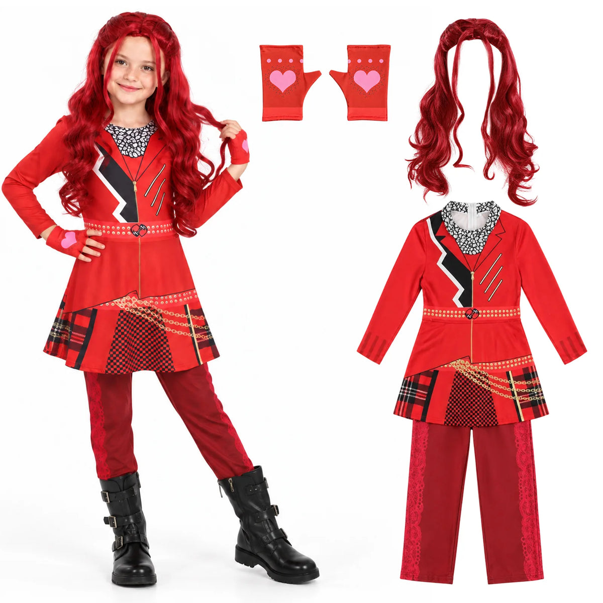 Kids red princess costume alternate styled view with wig and gloves