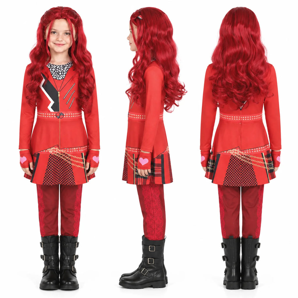 Red princess costume back view with dress silhouette and red wig