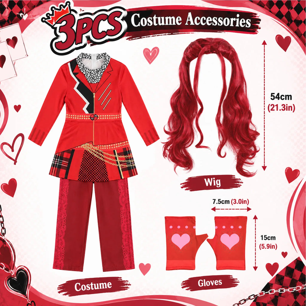 Red princess costume set contents with dress, pants, wig and gloves