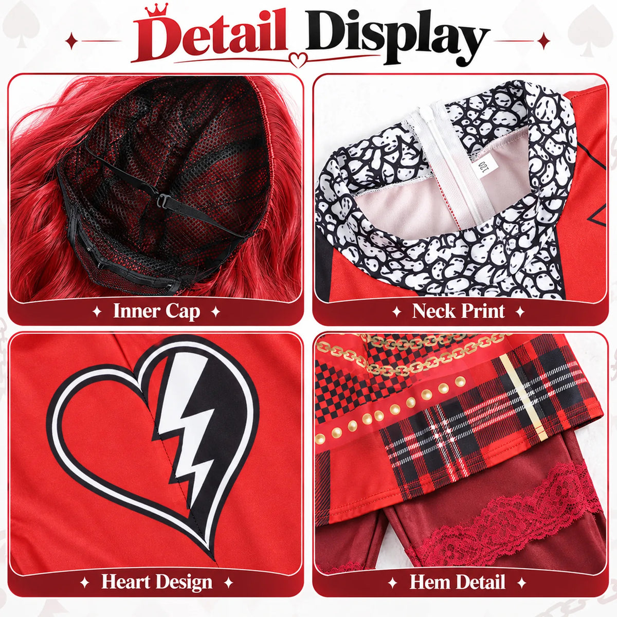 Red princess dress design details with heart accents and checkerboard panels