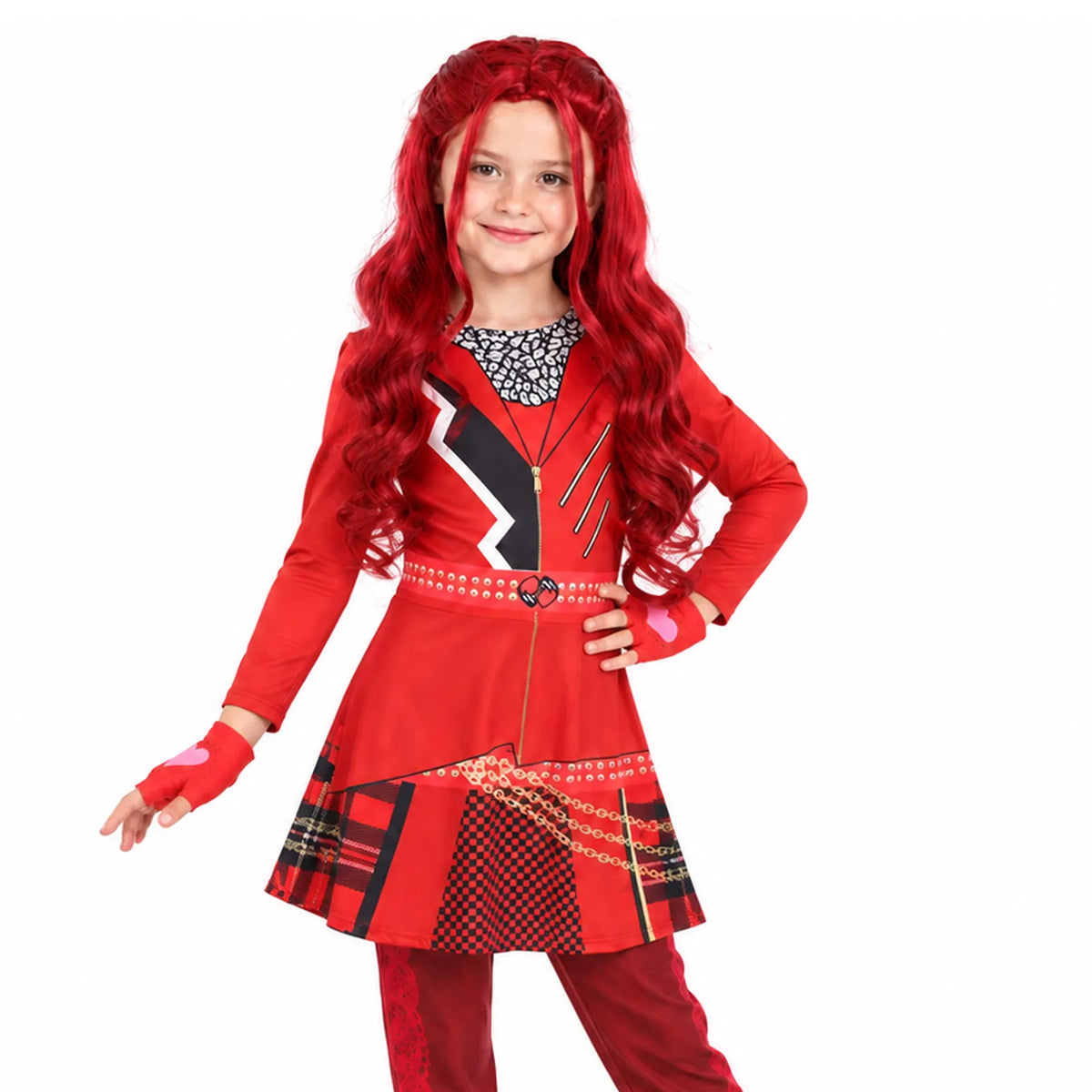Red princess dress front view showing heart motifs and checkerboard panels