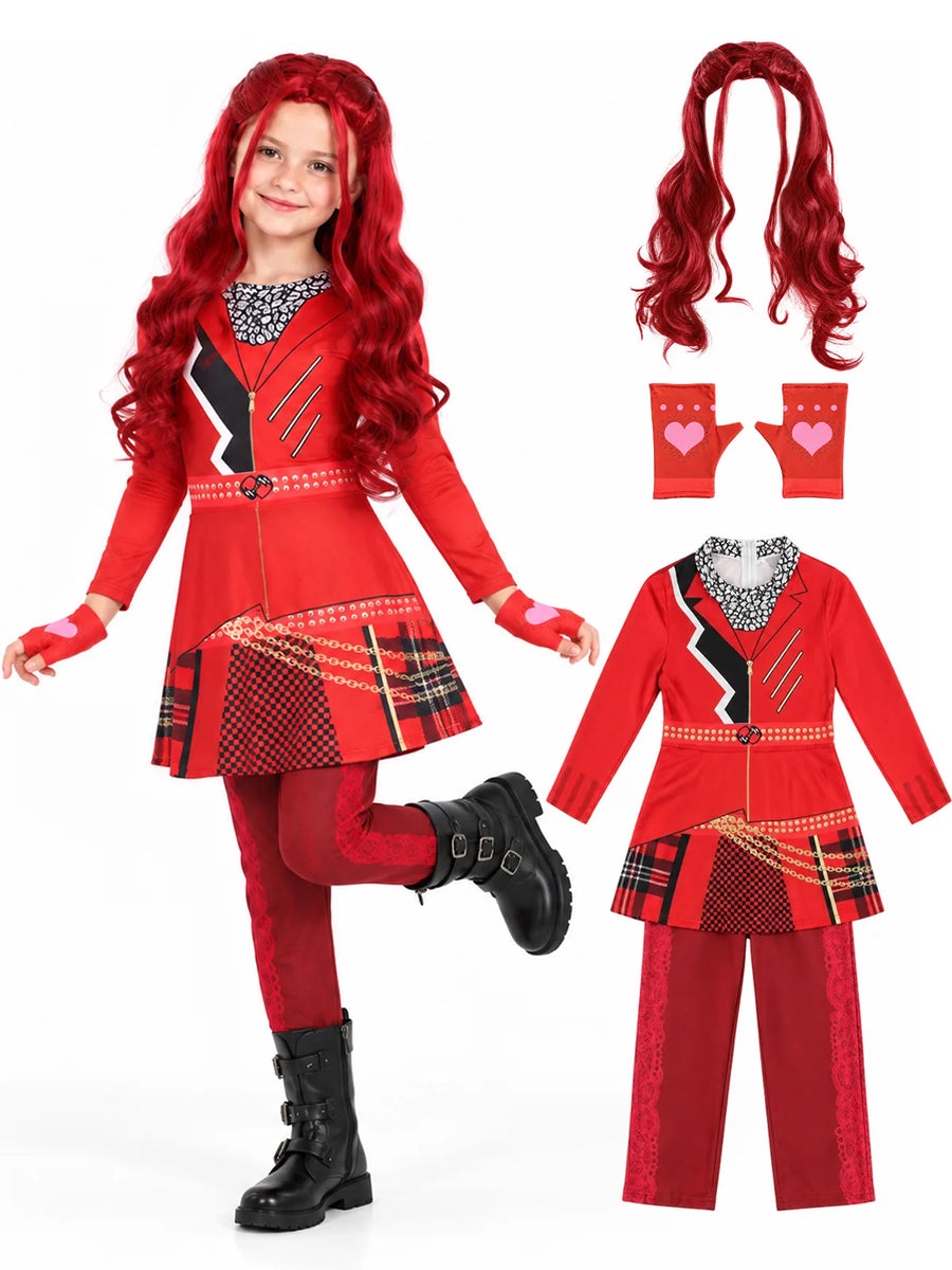Kids red princess costume set with dress, pants, wig and gloves