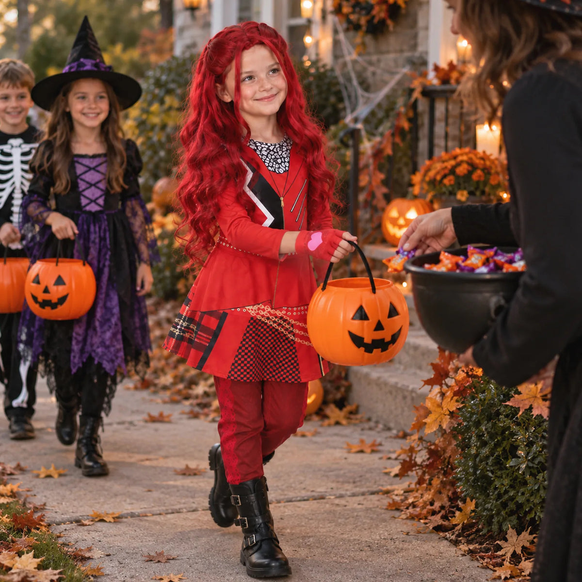 Kids red princess costume shown across multiple coordinated styling scenes