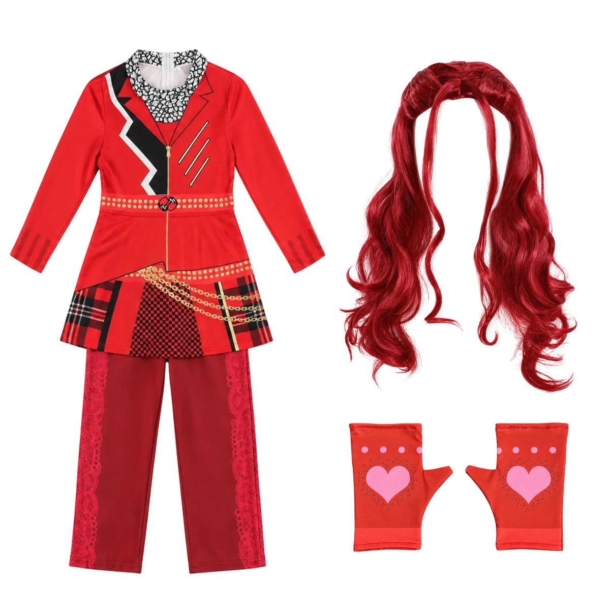 Red princess costume side view showing layered skirt and long sleeves