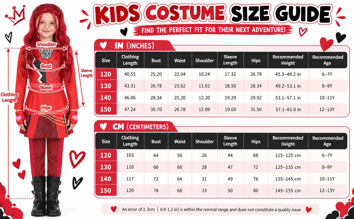 Kids red princess costume size chart for sizes 120 through 150