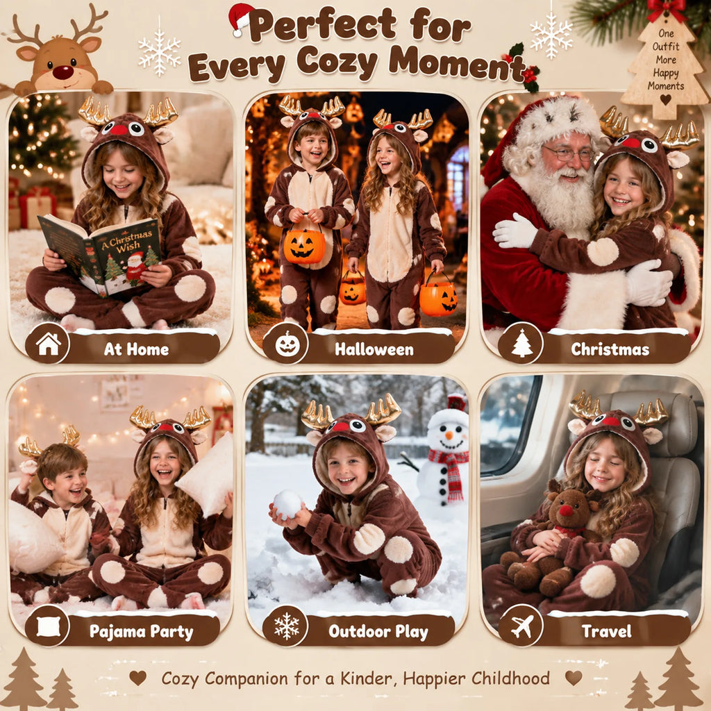 Reindeer onesie shown in a collage of holiday and play scenes.