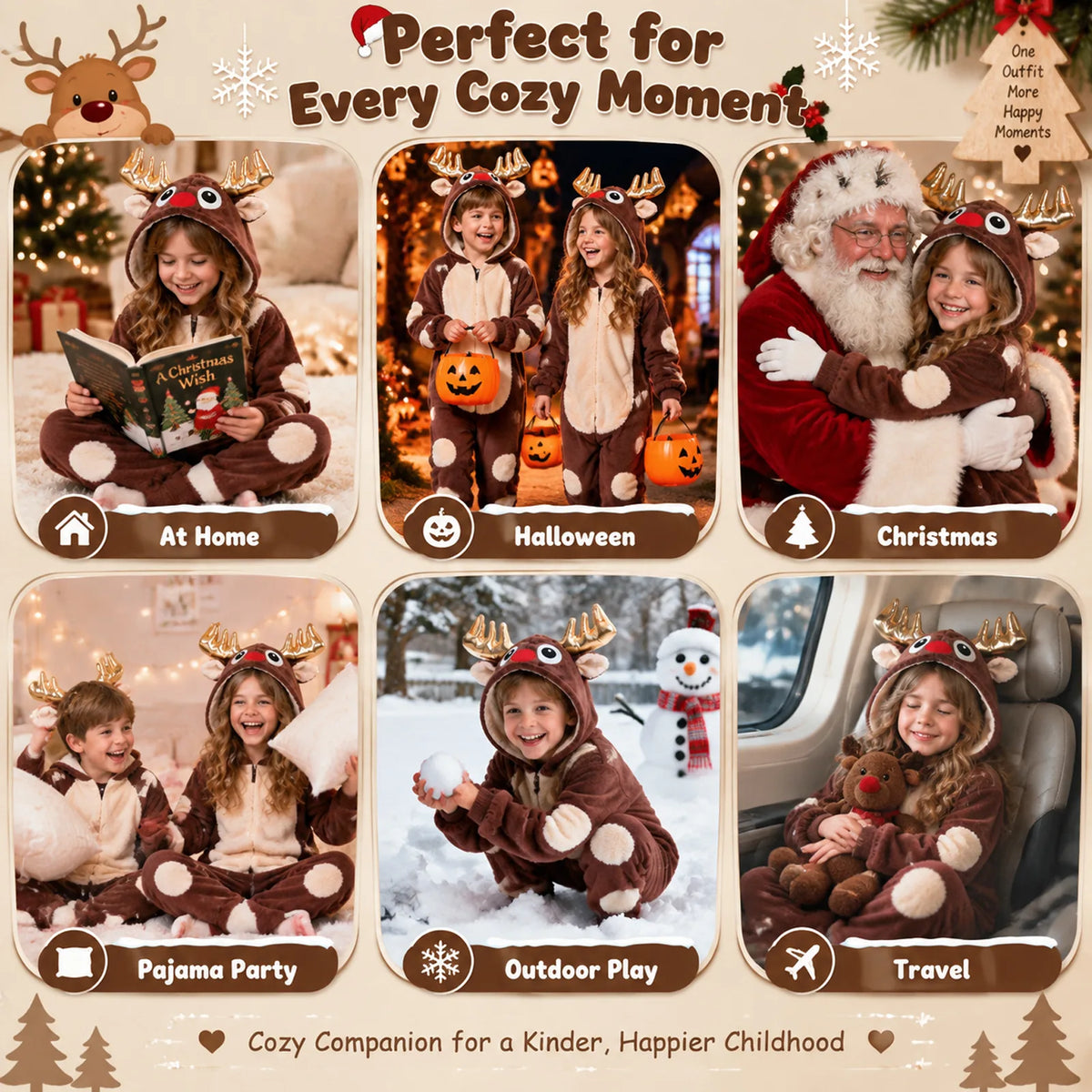 Reindeer onesie shown in a collage of holiday and play scenes.
