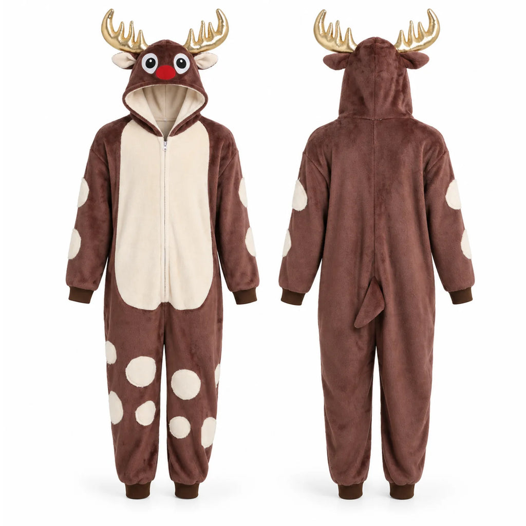 Front and back views of the brown hooded reindeer onesie.
