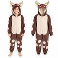 Child wearing the brown reindeer onesie beside its front view.