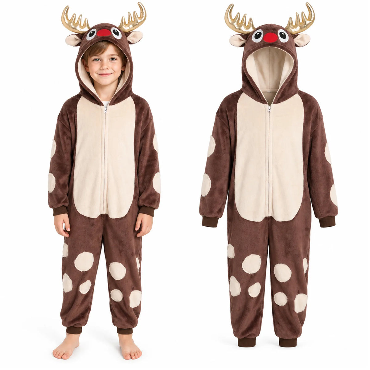Child wearing the brown reindeer onesie beside its front view.