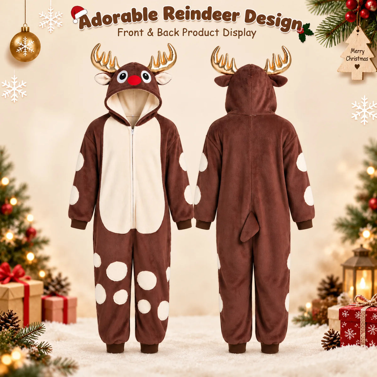 Front and back display of the spotted reindeer onesie and hood.