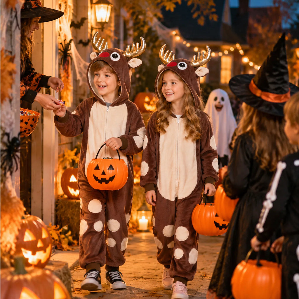 Children wearing reindeer onesies sit with pumpkins in a Halloween scene.