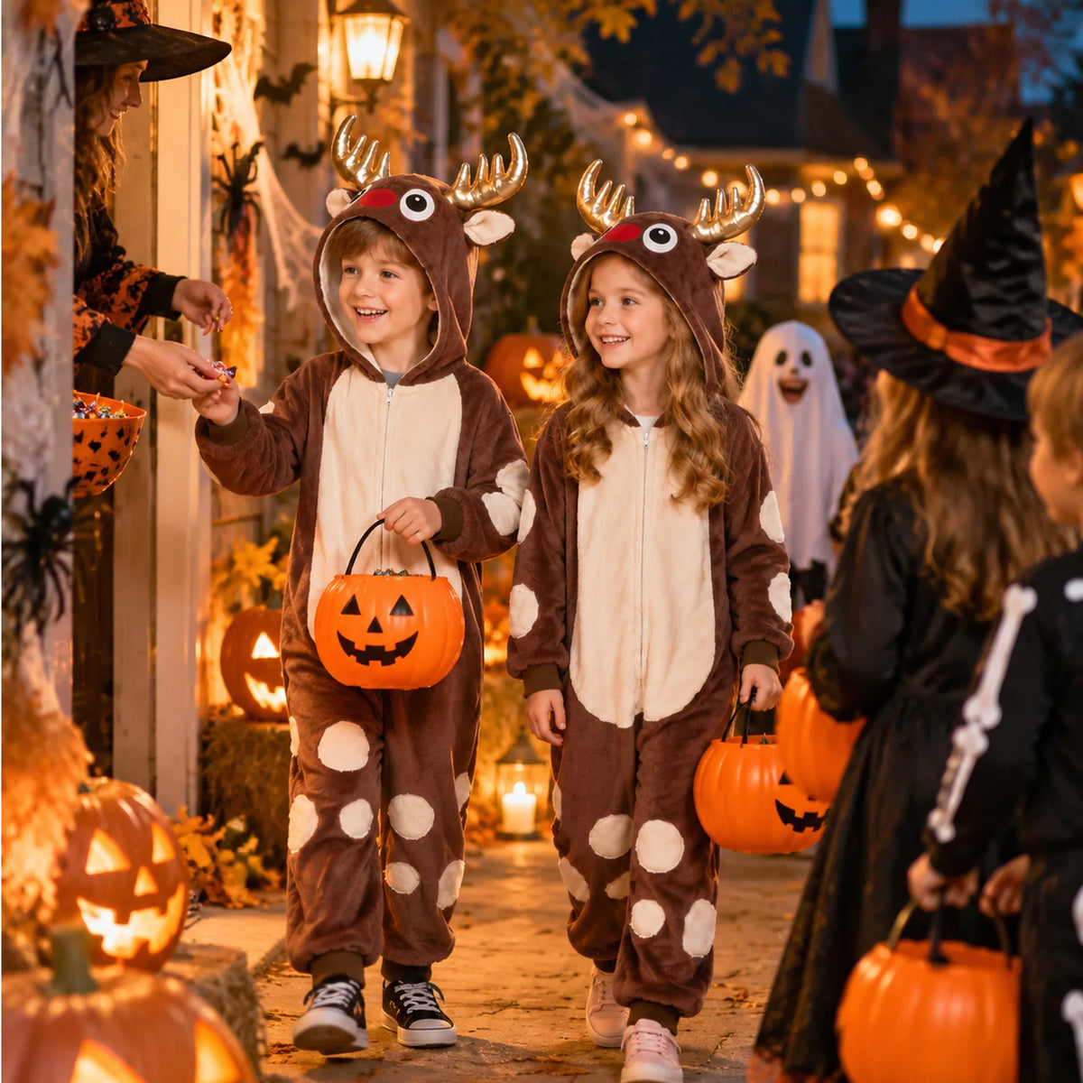 Children wearing reindeer onesies sit with pumpkins in a Halloween scene.