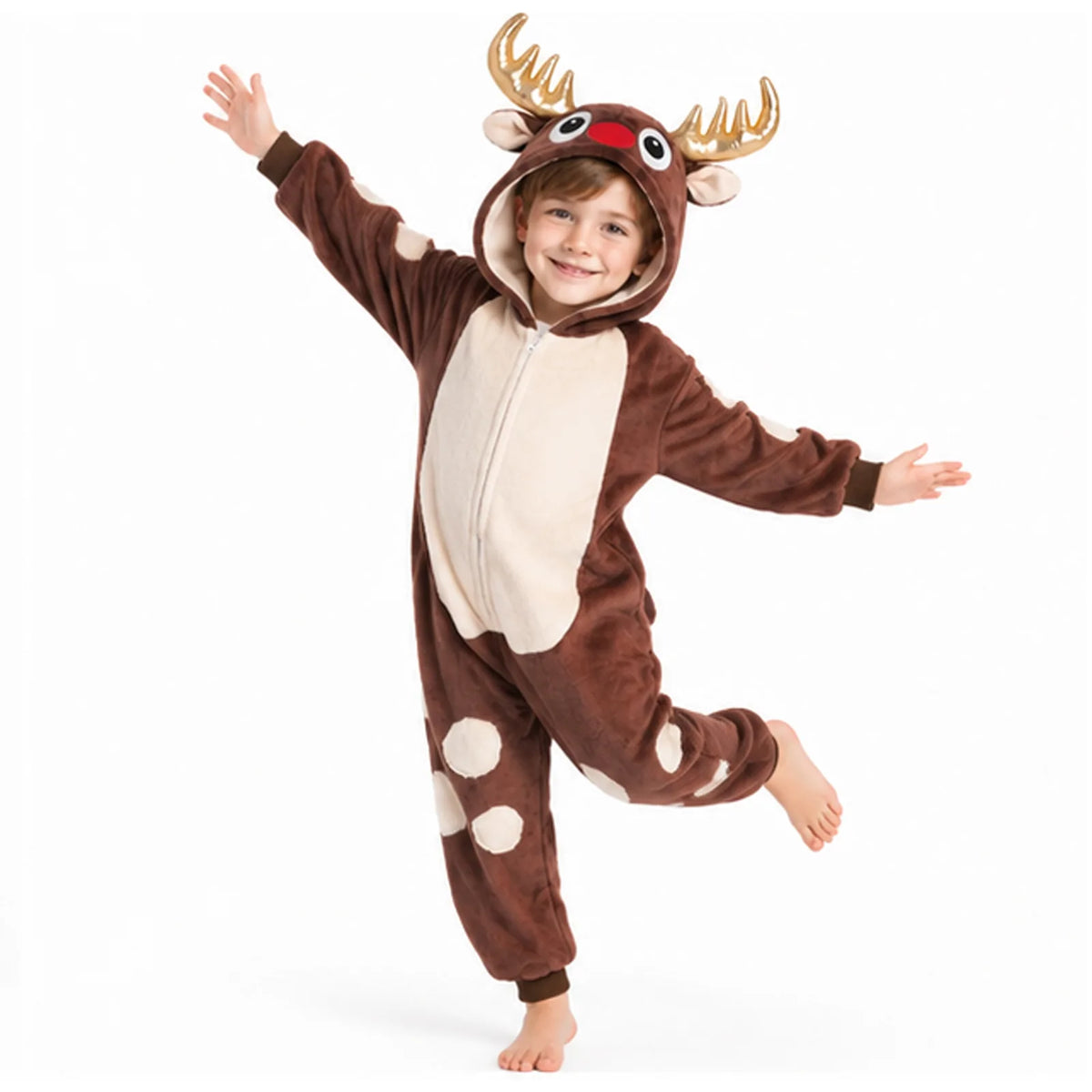 Child raises one leg while wearing the hooded reindeer onesie.