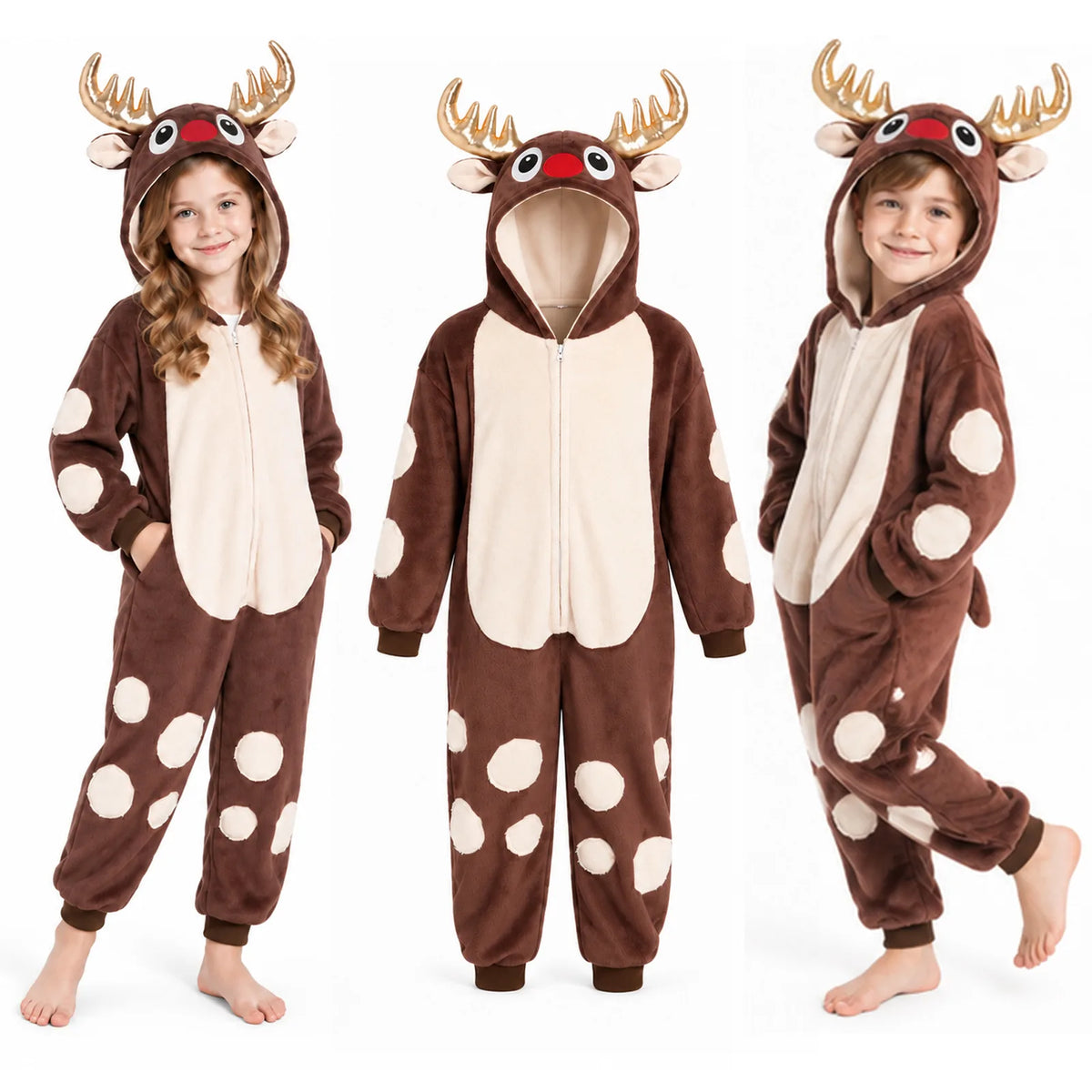Two children show the spotted reindeer onesie with its hood raised.