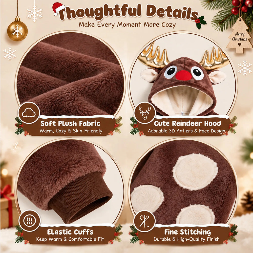 Detail panel shows plush fabric, reindeer hood, cuffs and stitching.