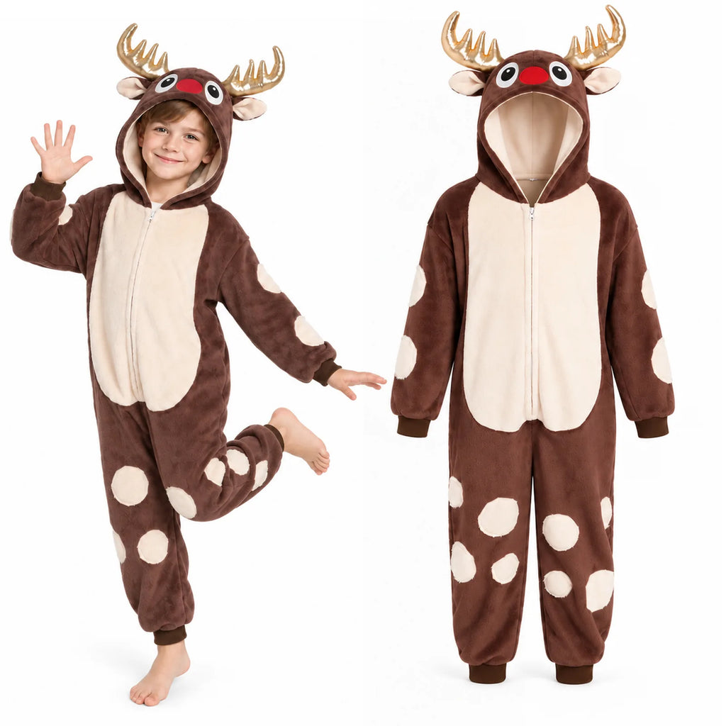 Child poses in the spotted reindeer onesie with antler hood.
