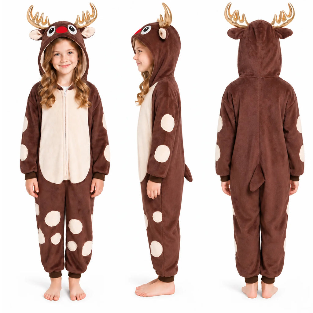 Child models the reindeer onesie from front, side and back.
