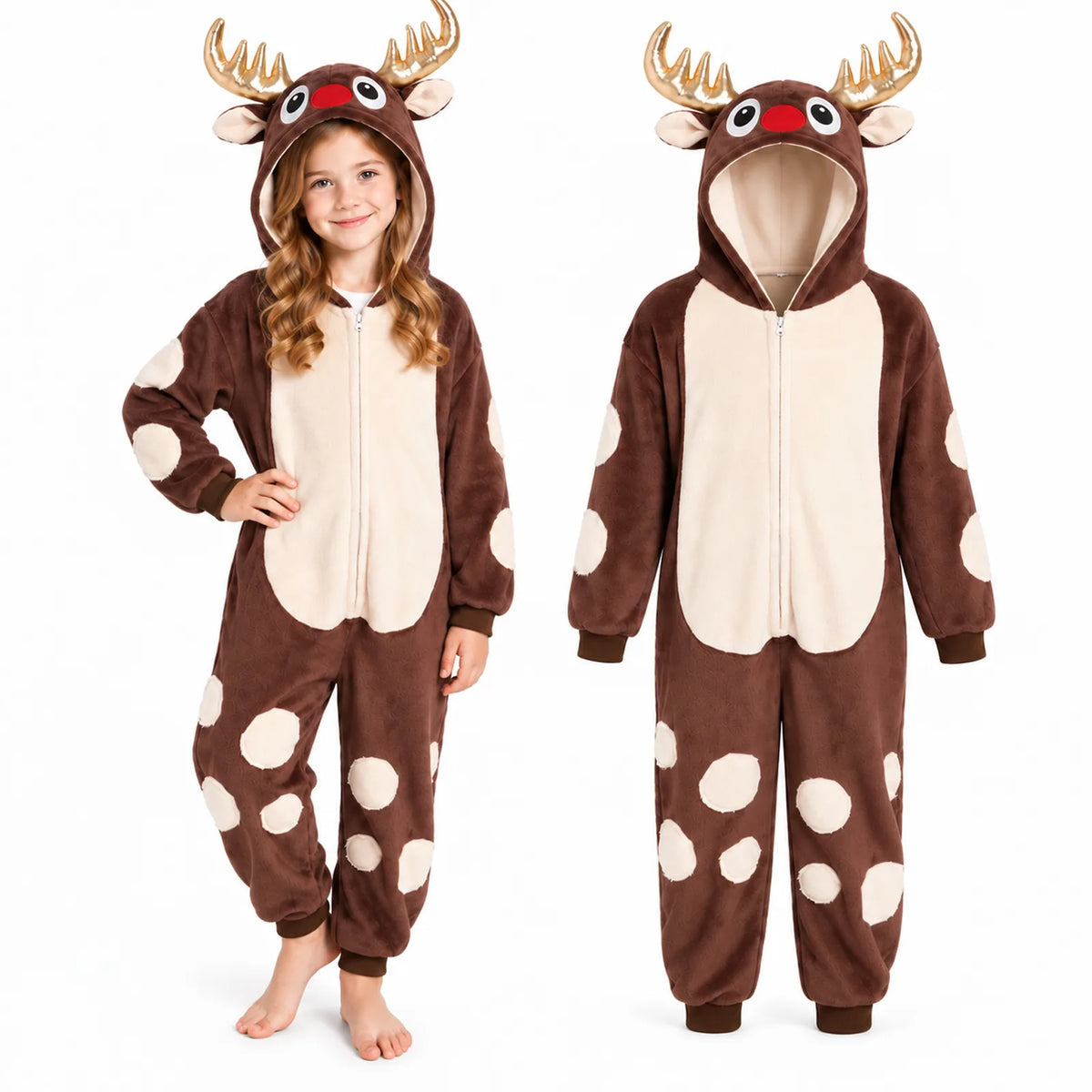 Child standing in the brown reindeer onesie beside the garment.