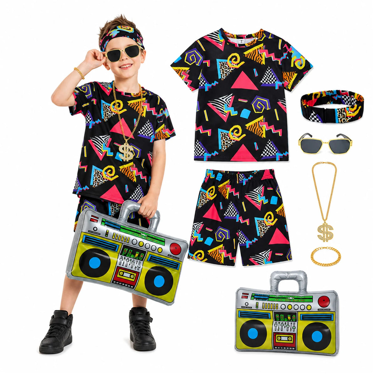 Black kids retro costume 7-piece set with printed shirt shorts and accessories