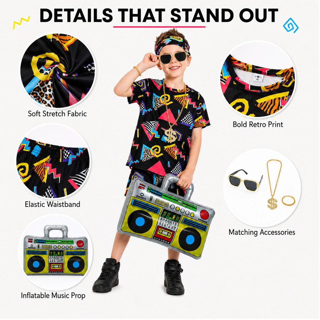 Close-up details of black retro printed kids T-shirt shorts and accessories