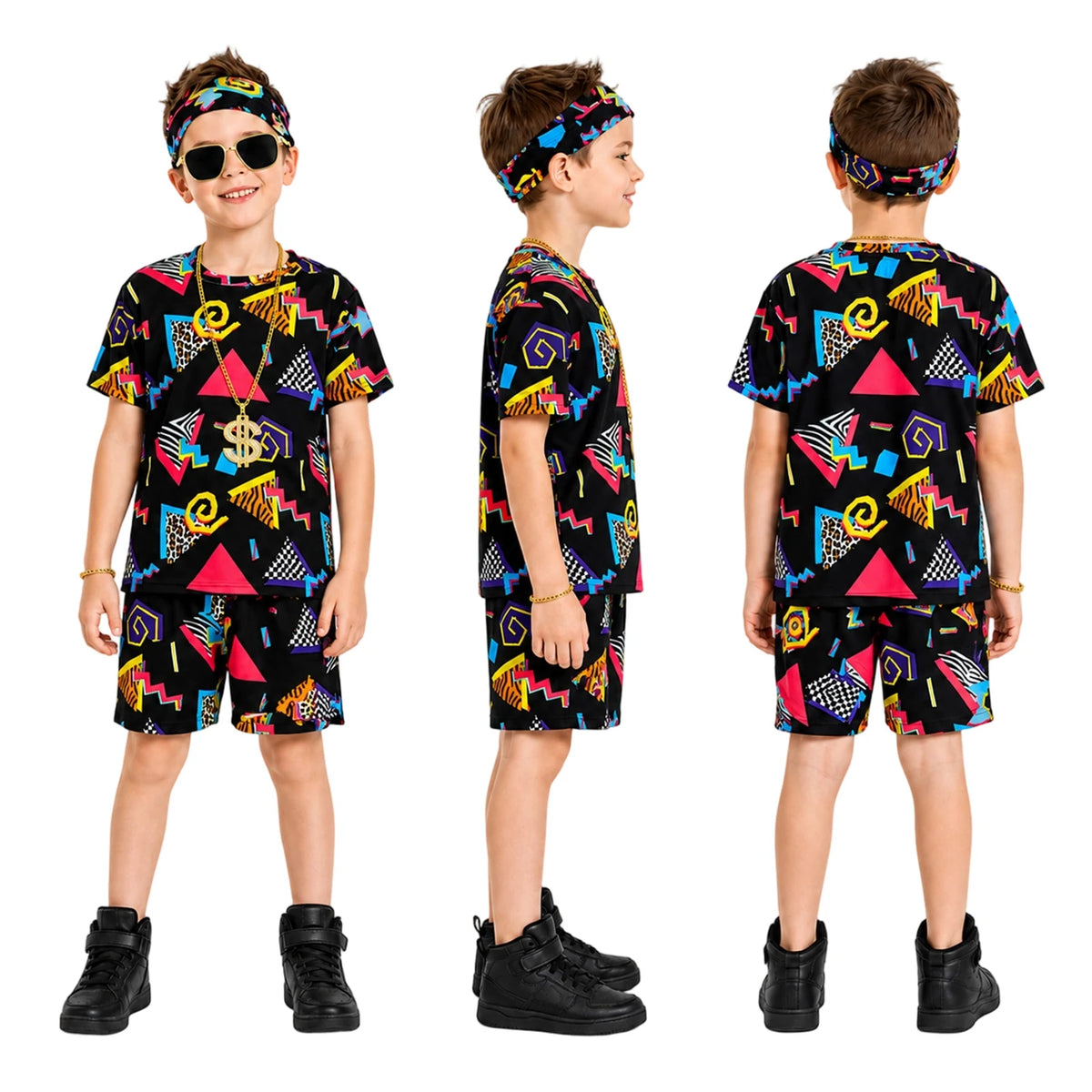 Front side and back views of black kids retro printed costume