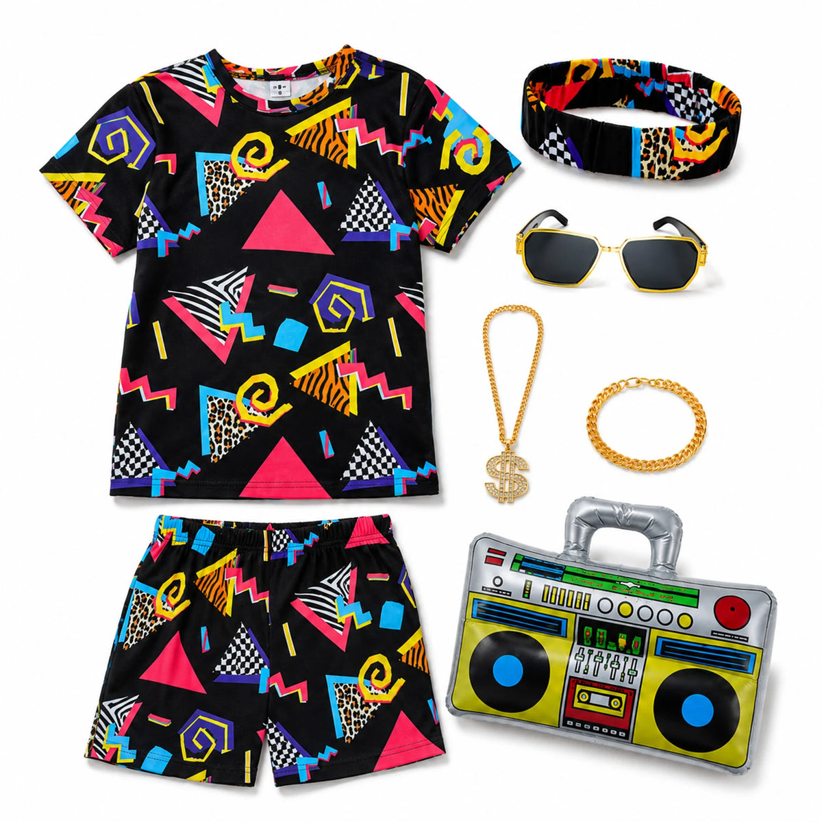 Front view of child wearing black retro printed T-shirt and shorts costume