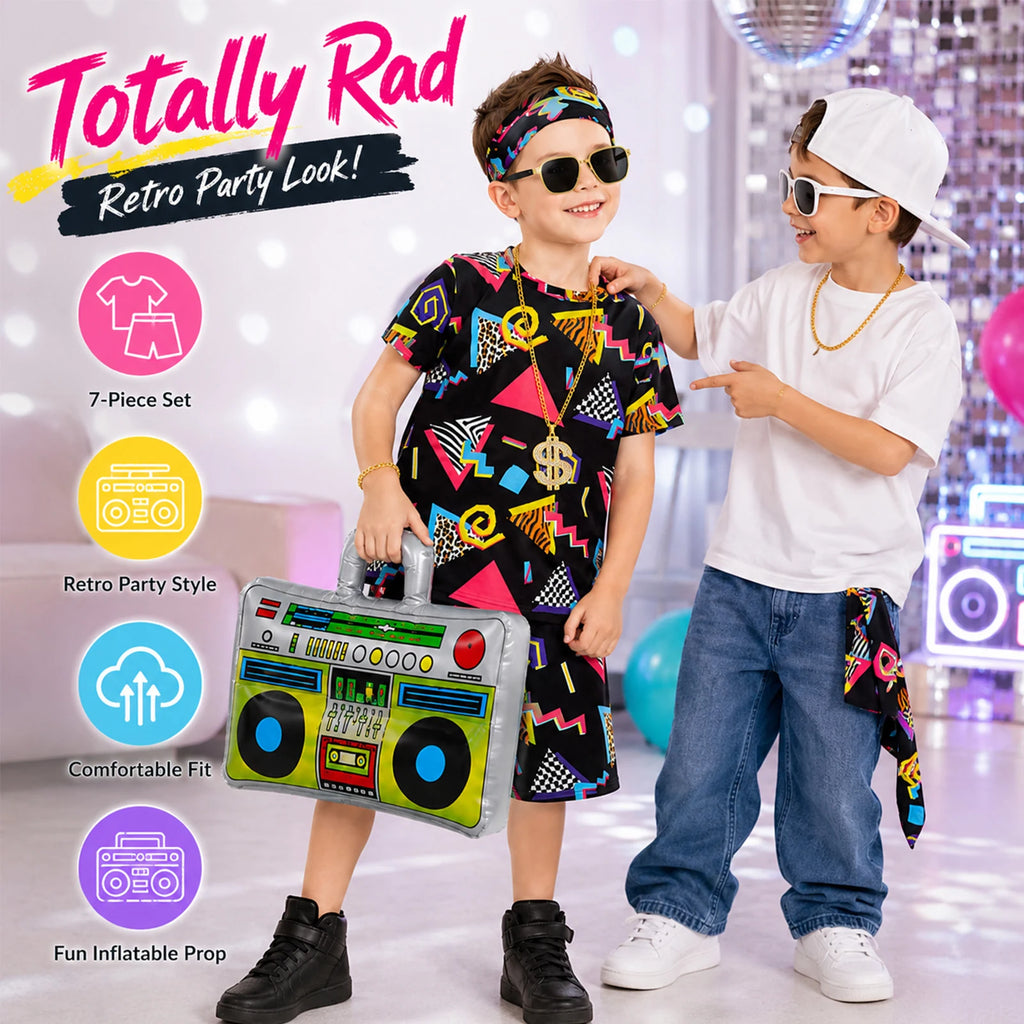 Black 7-piece kids retro costume with T-shirt shorts headband bracelet necklace sunglasses and inflatable boombox