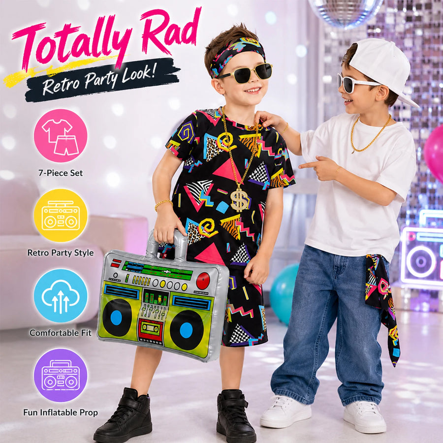 Black 7-piece kids retro costume with T-shirt shorts headband bracelet necklace sunglasses and inflatable boombox