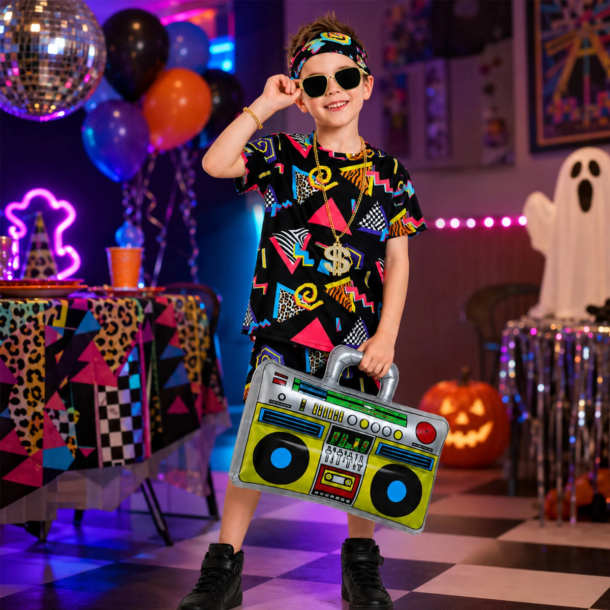 Child wearing black retro party costume with inflatable boombox in themed scene
