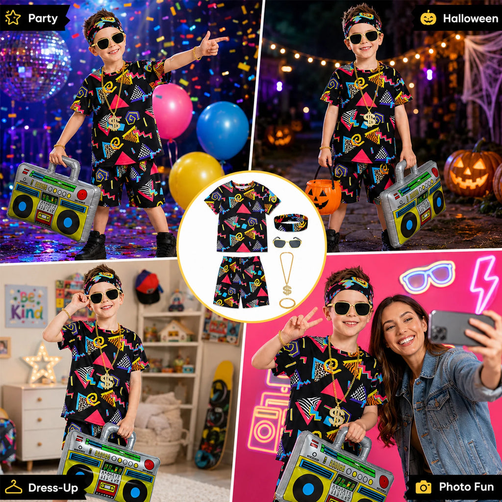 Black kids retro costume shown in multiple party and dress-up scenes