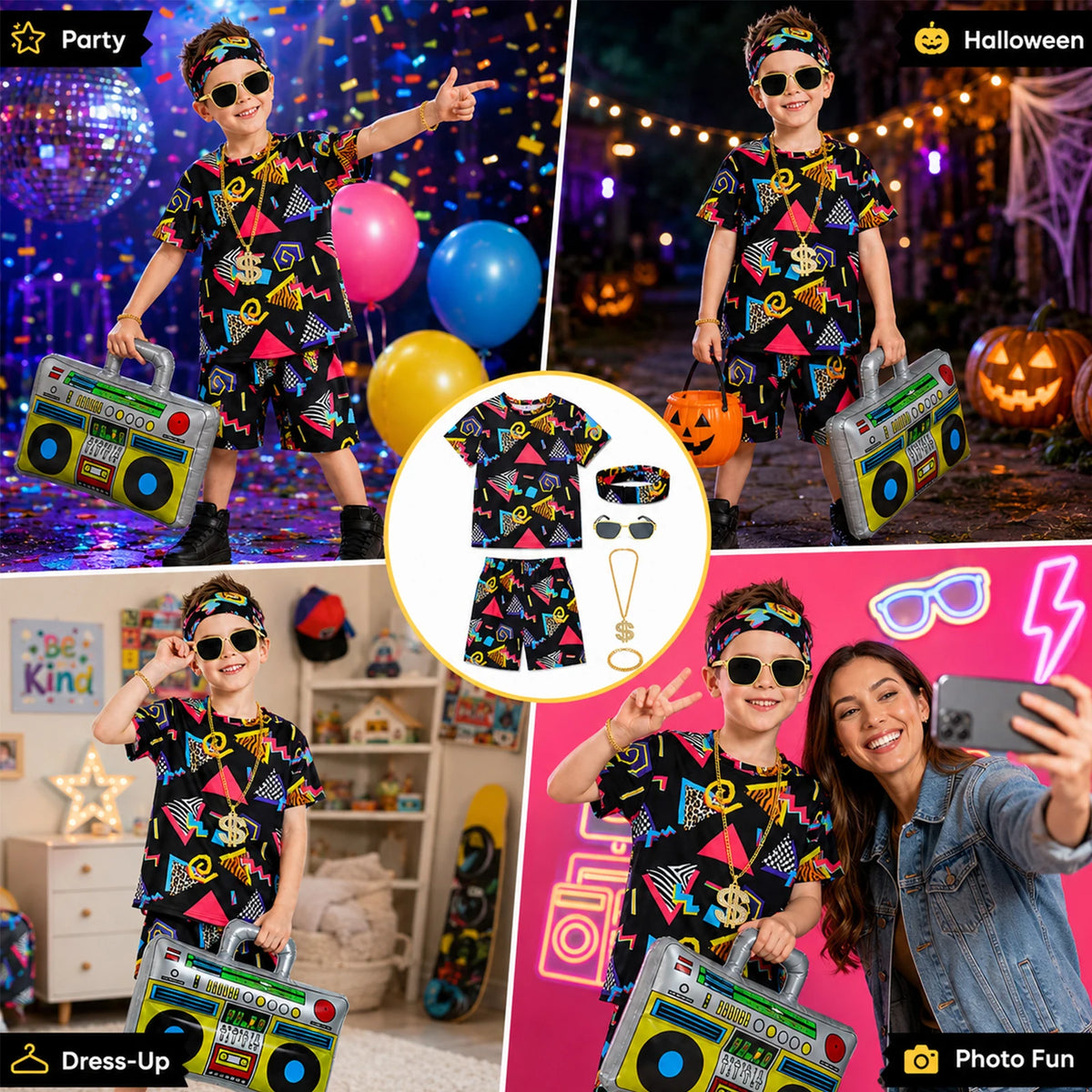 Black kids retro costume shown in multiple party and dress-up scenes