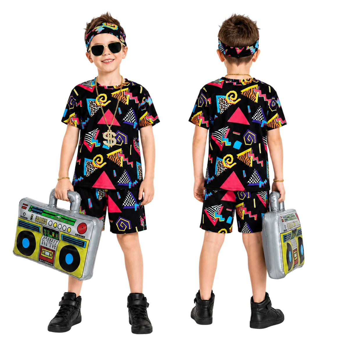 Child wearing black retro party costume set with printed T-shirt shorts headband sunglasses necklace bracelet and inflatable boombox