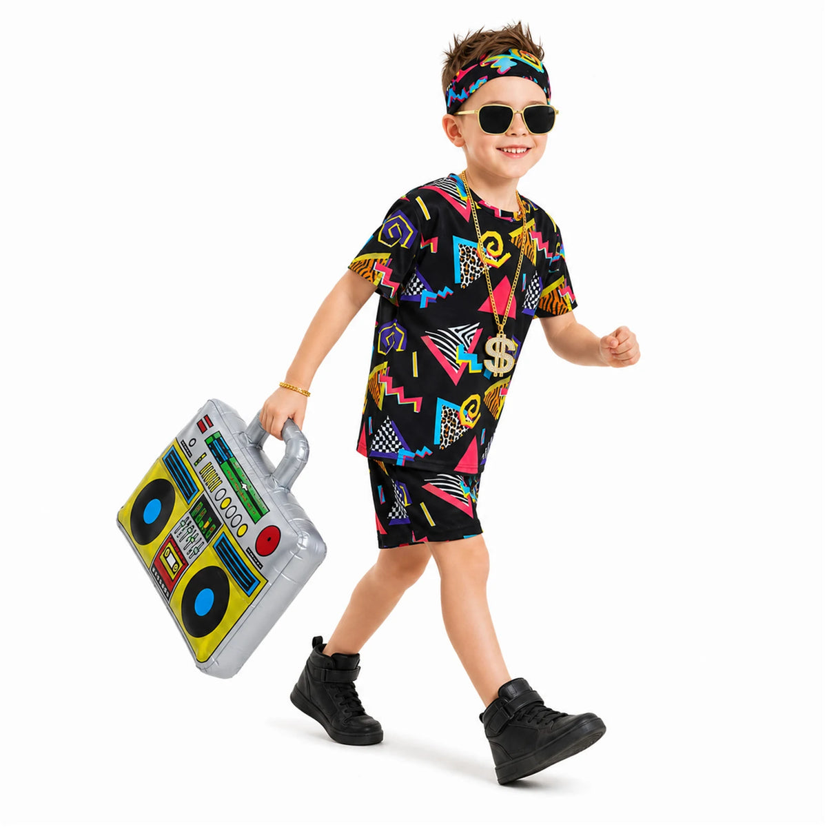 Side view shows the Black geometric-print T-shirt, matching shorts and retro accessories.