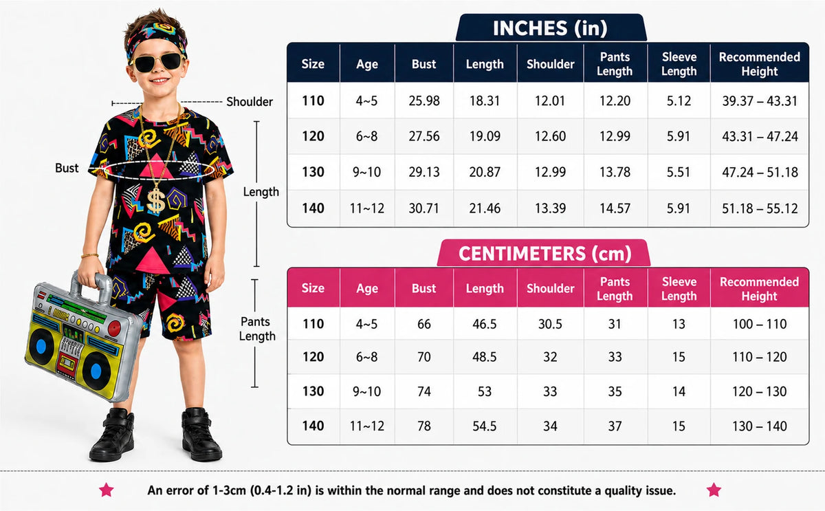 Black kids retro costume size chart for source sizes 110 120 130 and 140