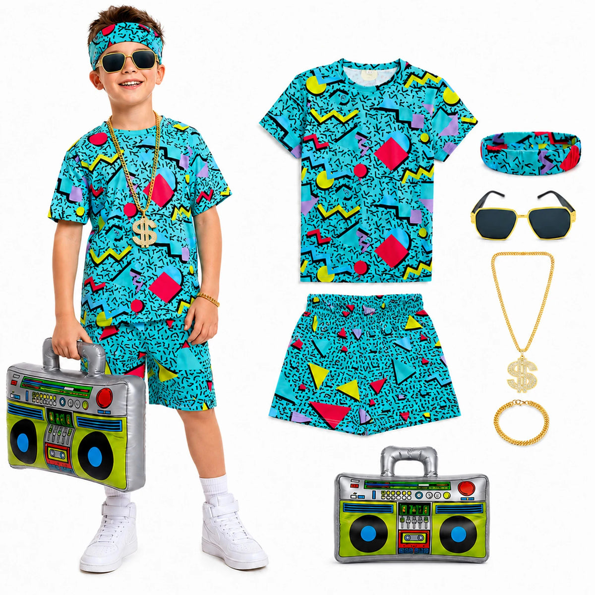 Blue kids retro costume 7-piece set with printed shirt shorts and accessories